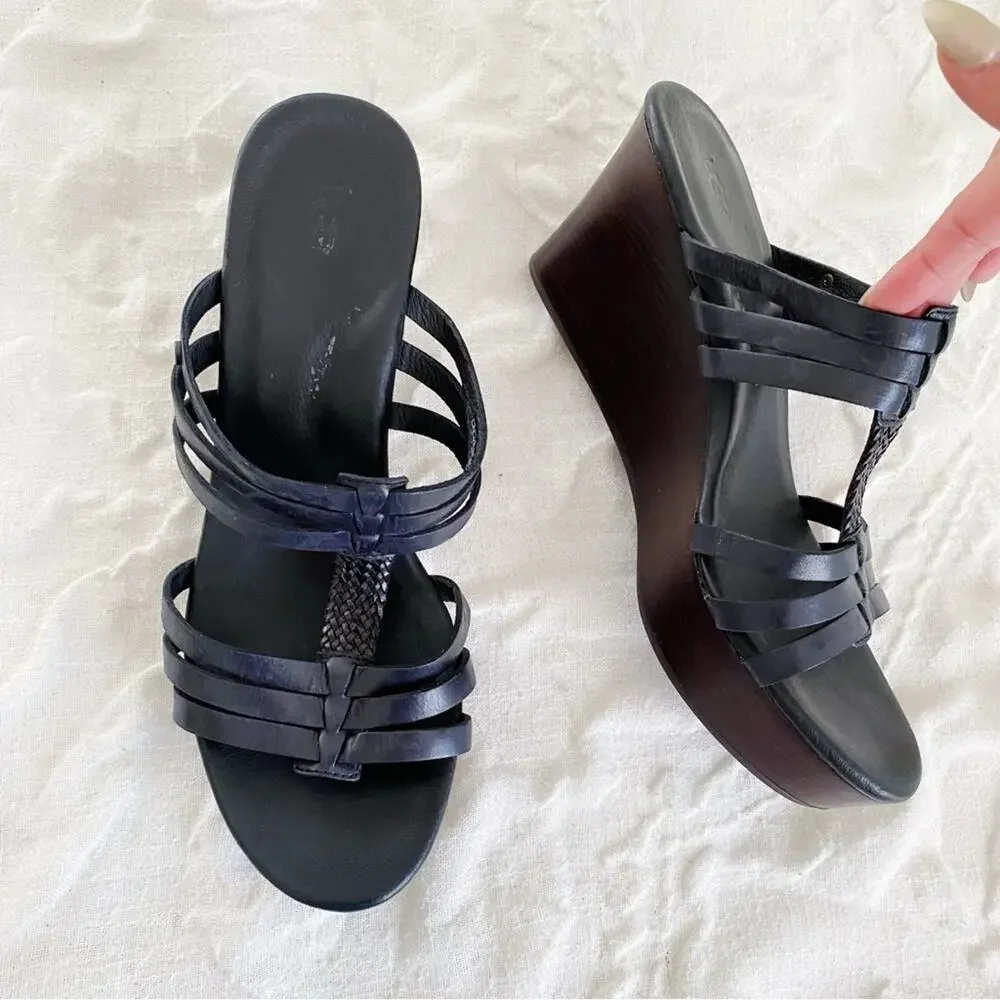 Ugg Black Mattie Leather PlatformWedge Sandal Size 9W